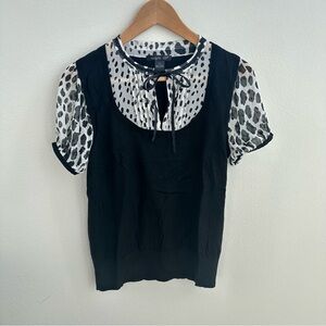 Black & white leopard print blouse with bow tie collar